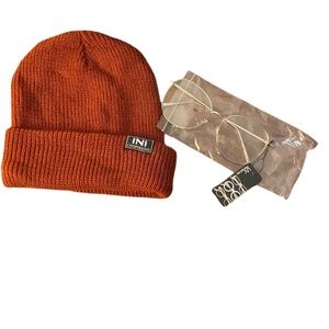 Inc beanie and silver tone blue light reflecting glasses